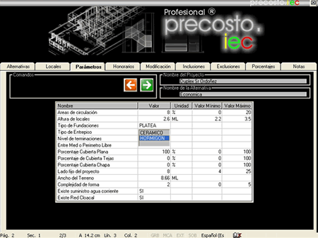 idec costo previo - Definición de parámetros generales del proyecto