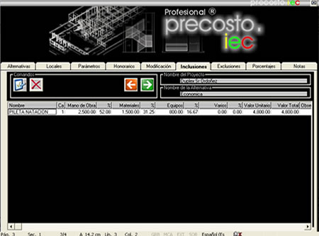 idec costo previo - Partidas incluidas  en el proyecto